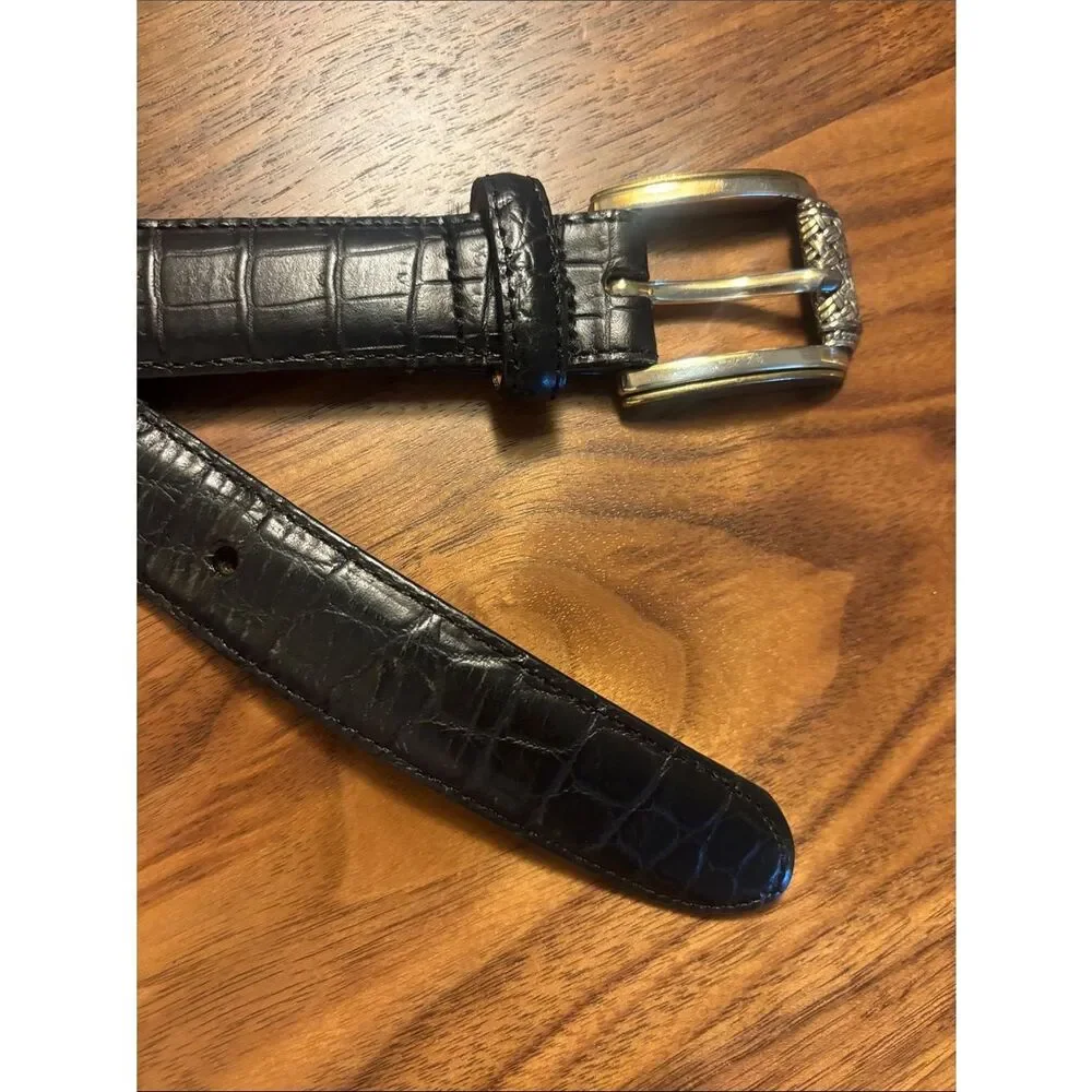Talbots Black Croc-Embossed Leather Belt with Silver Buckle - M